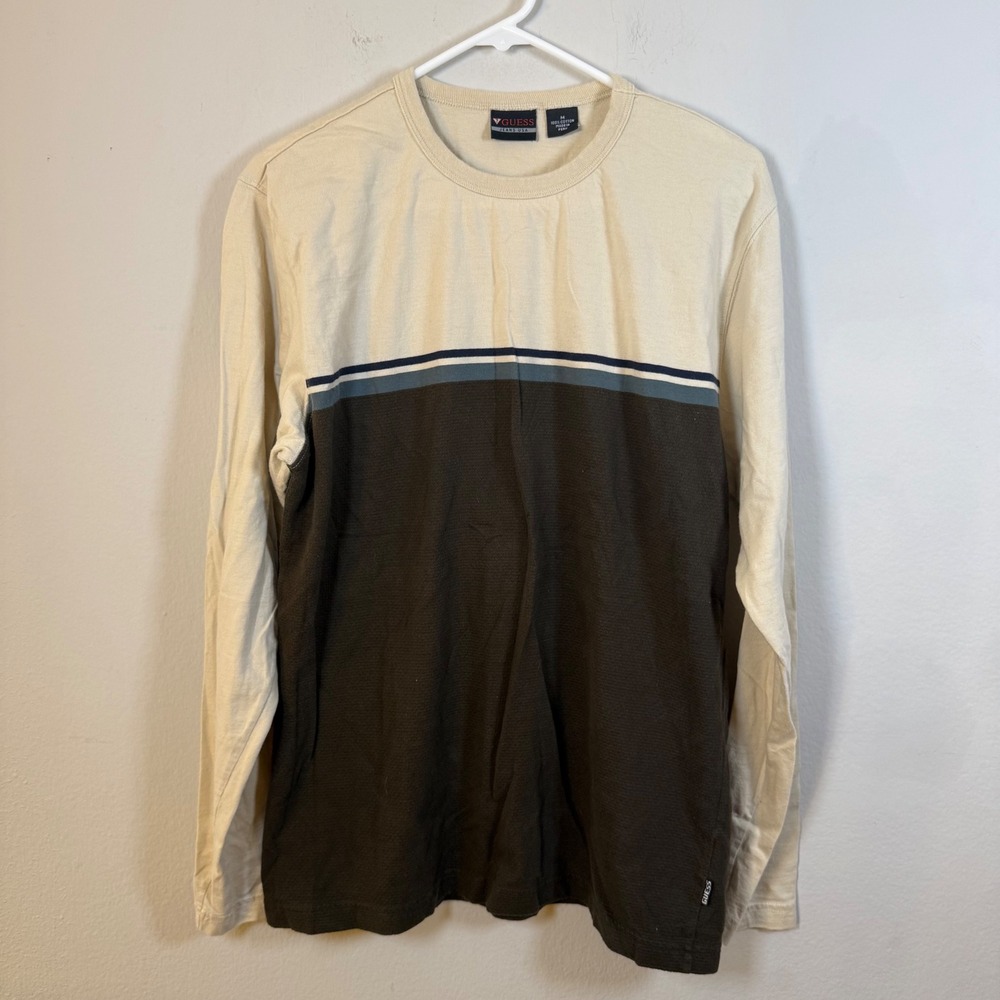 Guess Jeans USA Mens Long Sleeve Colorblock Waffle‎ Knit T-Shirt Brown Cream M